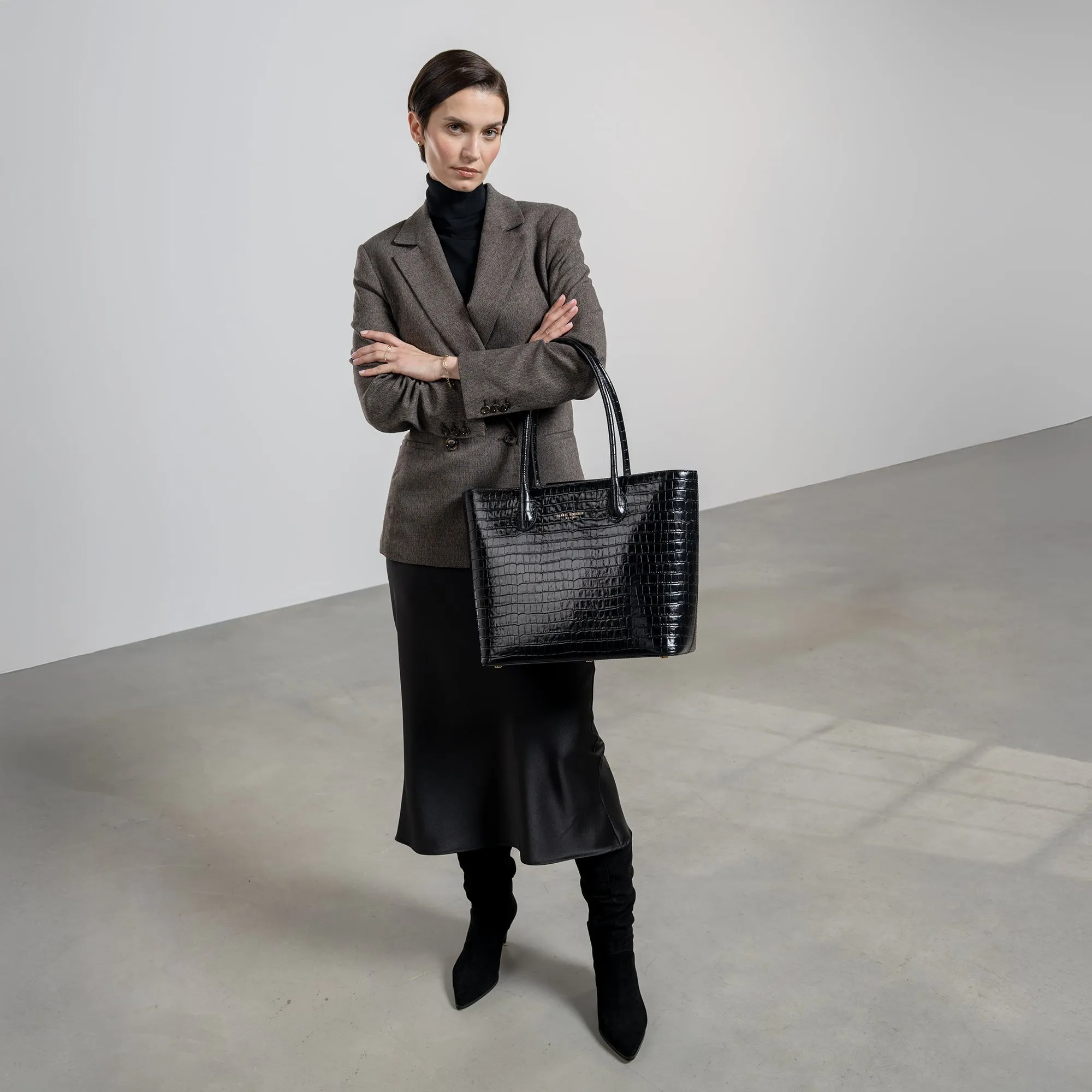 Honoré Lysanne croco black calfskin leather shopper