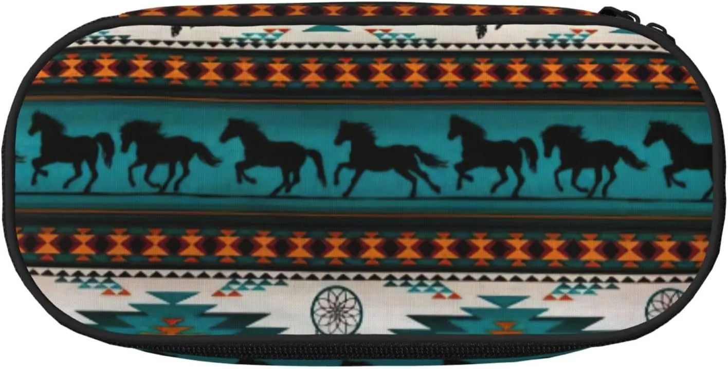 Horse Print Travel Friendly Pen Pouch Pencil Bag Zipper Stationery Makeup Tool Office Supplies