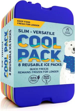 Ice Packs for Lunch Bags - Original Cool Pack | Slim & Long-Lasting Reusable Ice Pack for Lunch Box, Lunch Bag and Cooler | Freezer Packs for Coolers (Set of 8)