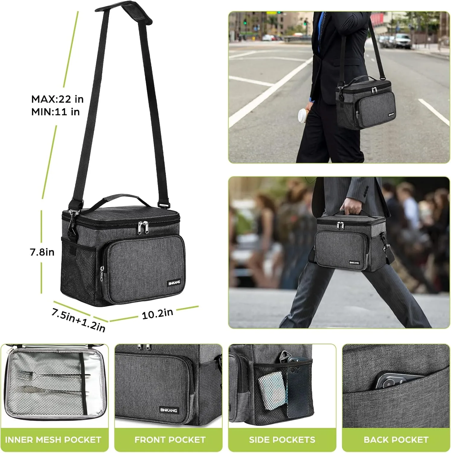 Insulated Lunch Bag Reusable Large Lunch Box for Men/Women, Leakproof Cooler Tote Portable Lunch Bag with Adjustable Shoulder Strap (Dark Grey)
