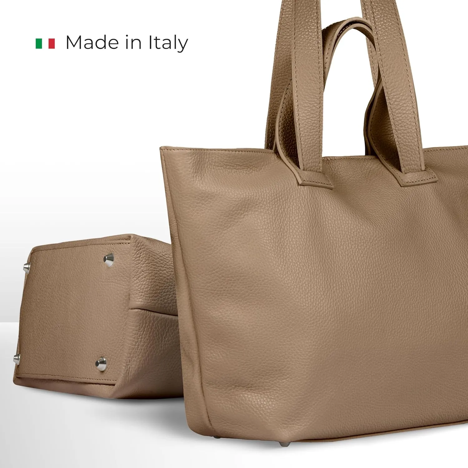Italian Genuine Calf Leather Tote Satchel Bag for Women with Zipper & Double Straps | Wide Large Work Laptop Shoulder Handbag