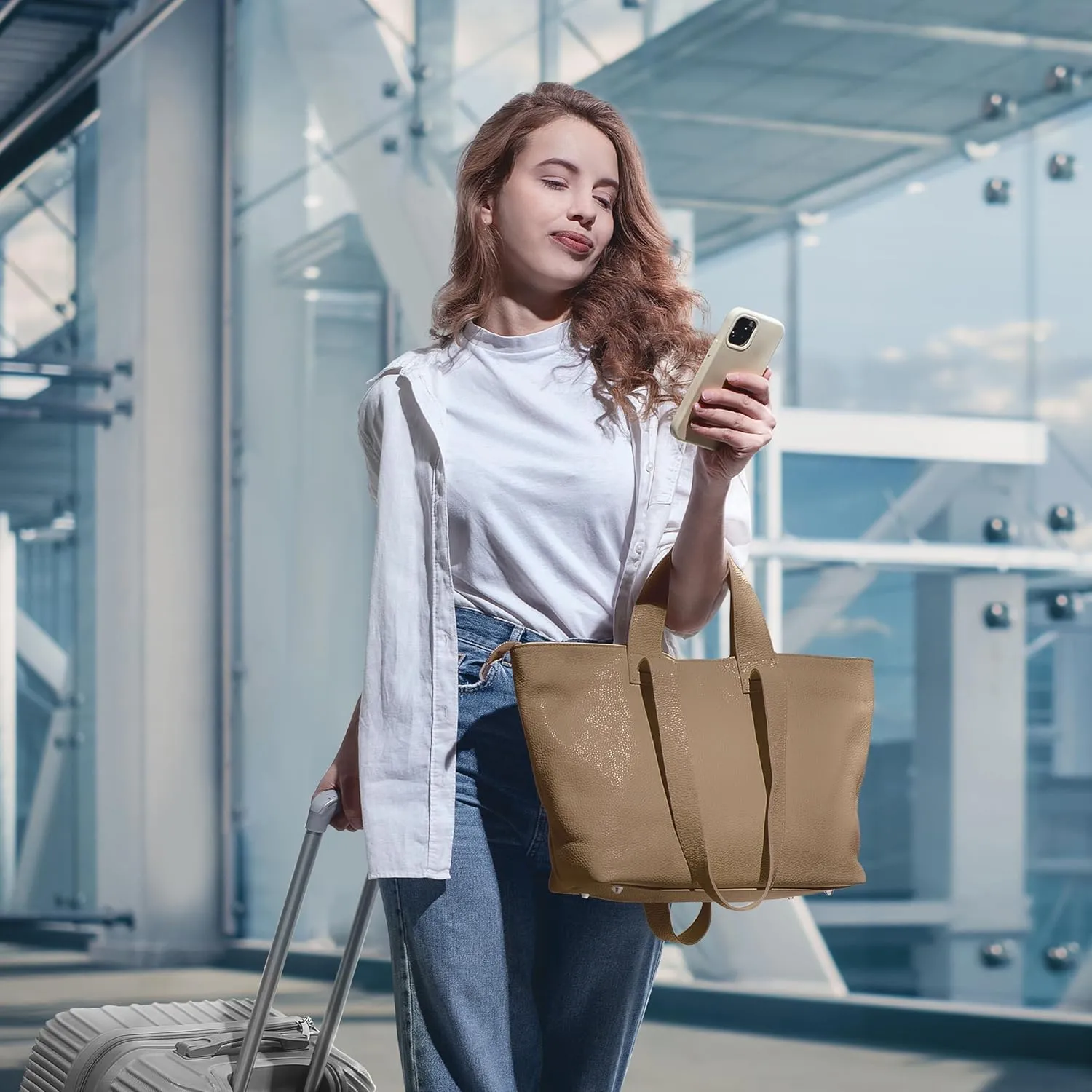 Italian Genuine Calf Leather Tote Satchel Bag for Women with Zipper & Double Straps | Wide Large Work Laptop Shoulder Handbag