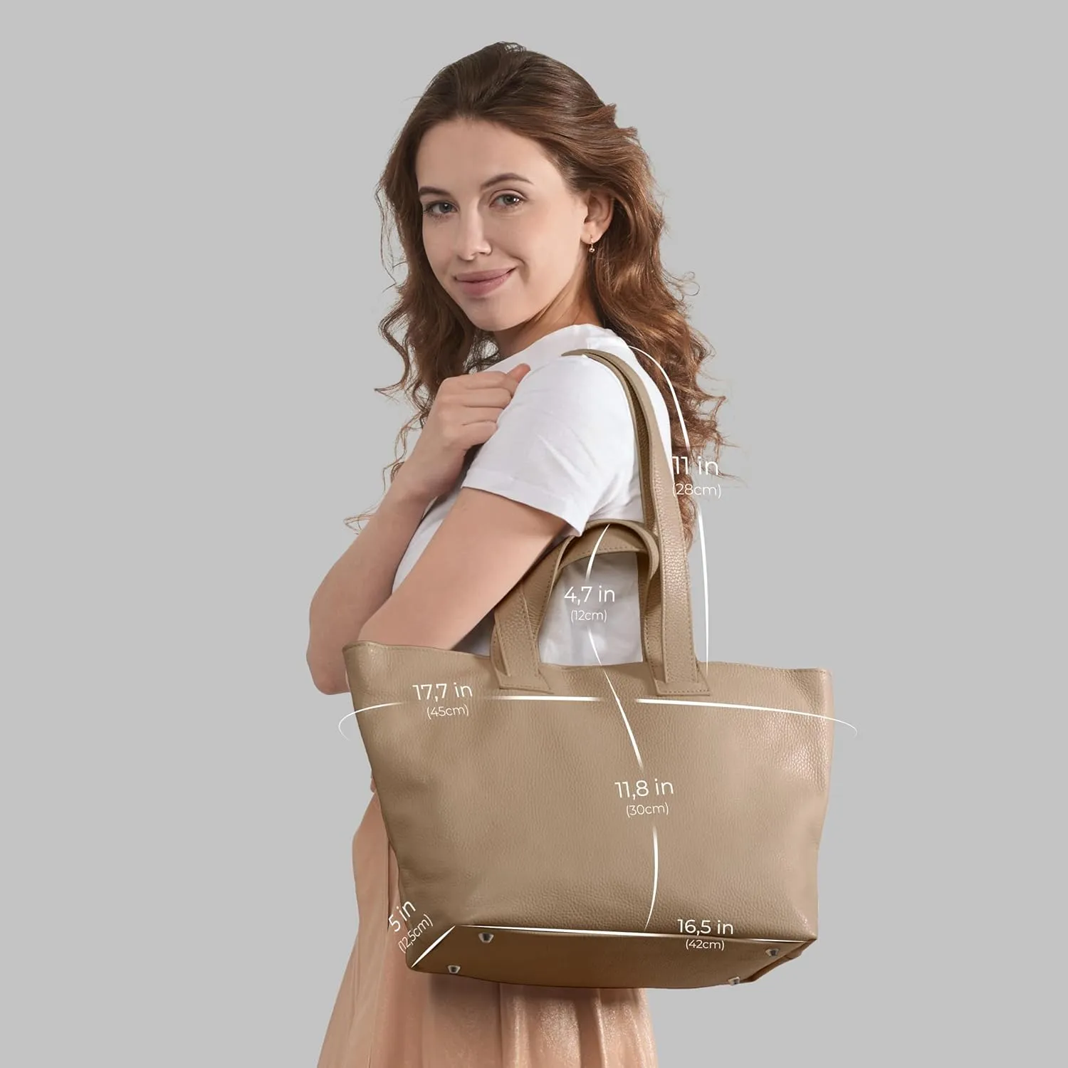 Italian Genuine Calf Leather Tote Satchel Bag for Women with Zipper & Double Straps | Wide Large Work Laptop Shoulder Handbag