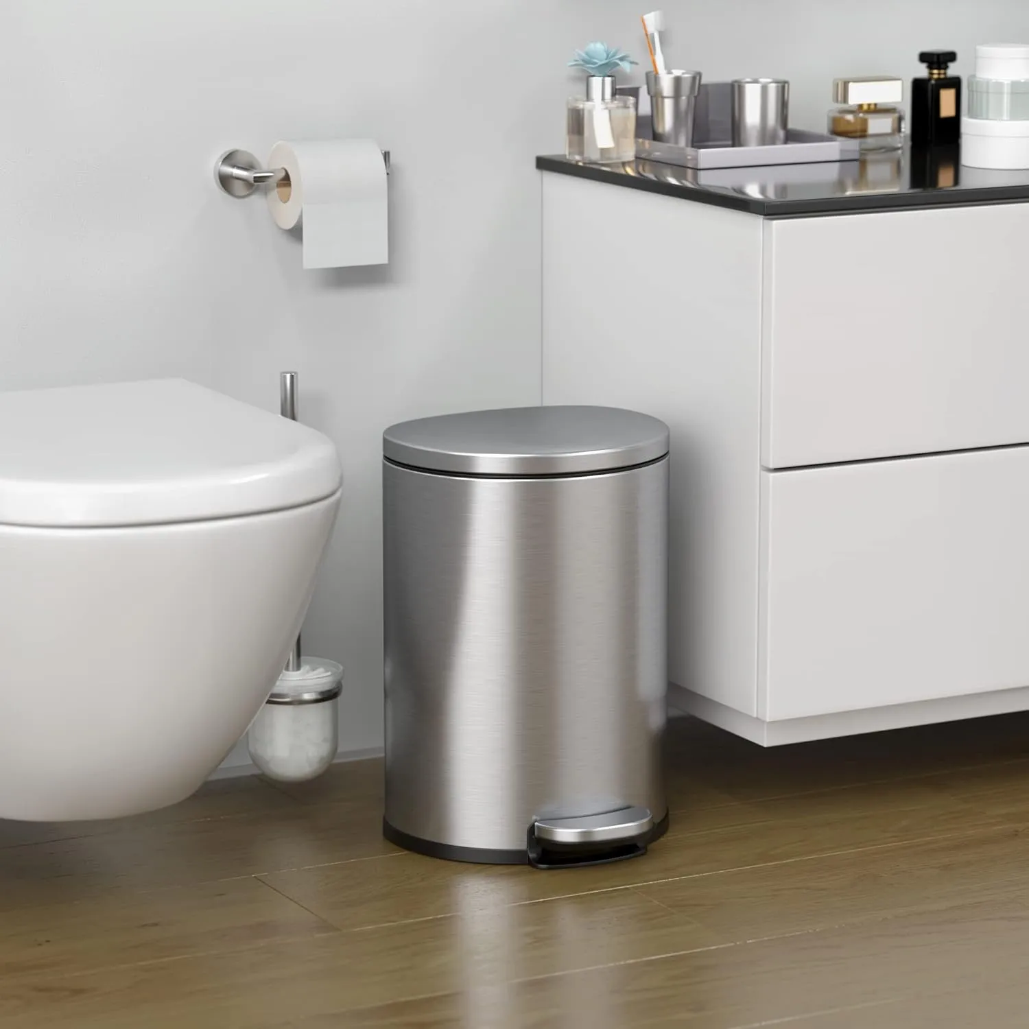 iTouchless SoftStep 3 Gallon Slim Bathroom Trash Can with Odor Filter and Removable Inner Bucket, Stainless Steel, 11 Liter Semi-Round Step Pedal Garbage Bin for Bedroom, Home, Office Cubicle