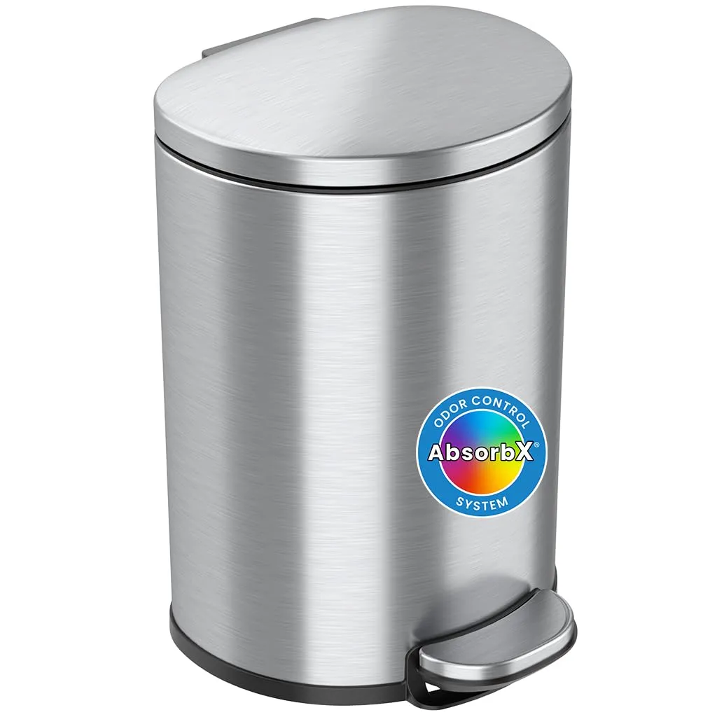 iTouchless SoftStep 3 Gallon Slim Bathroom Trash Can with Odor Filter and Removable Inner Bucket, Stainless Steel, 11 Liter Semi-Round Step Pedal Garbage Bin for Bedroom, Home, Office Cubicle