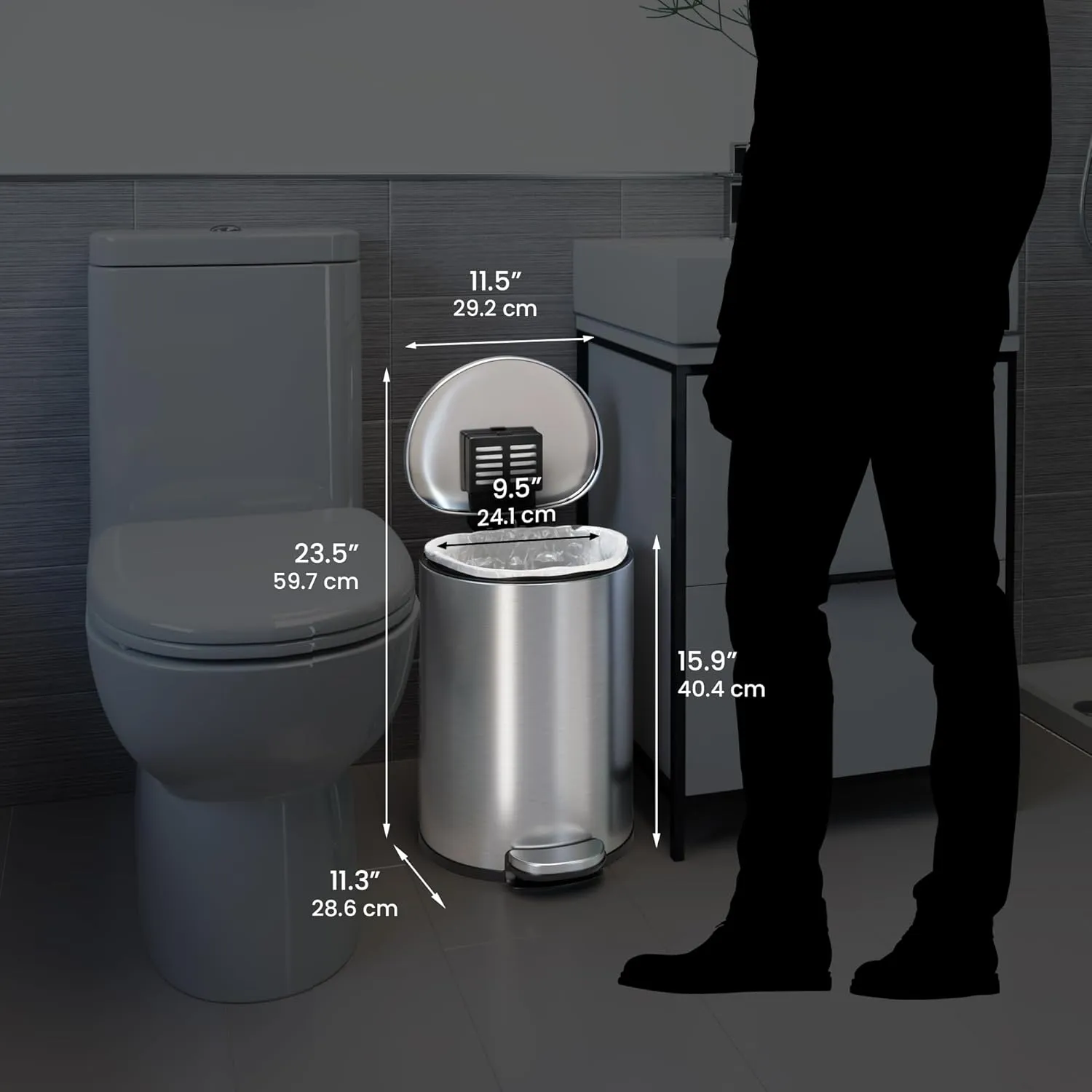 iTouchless SoftStep 3 Gallon Slim Bathroom Trash Can with Odor Filter and Removable Inner Bucket, Stainless Steel, 11 Liter Semi-Round Step Pedal Garbage Bin for Bedroom, Home, Office Cubicle