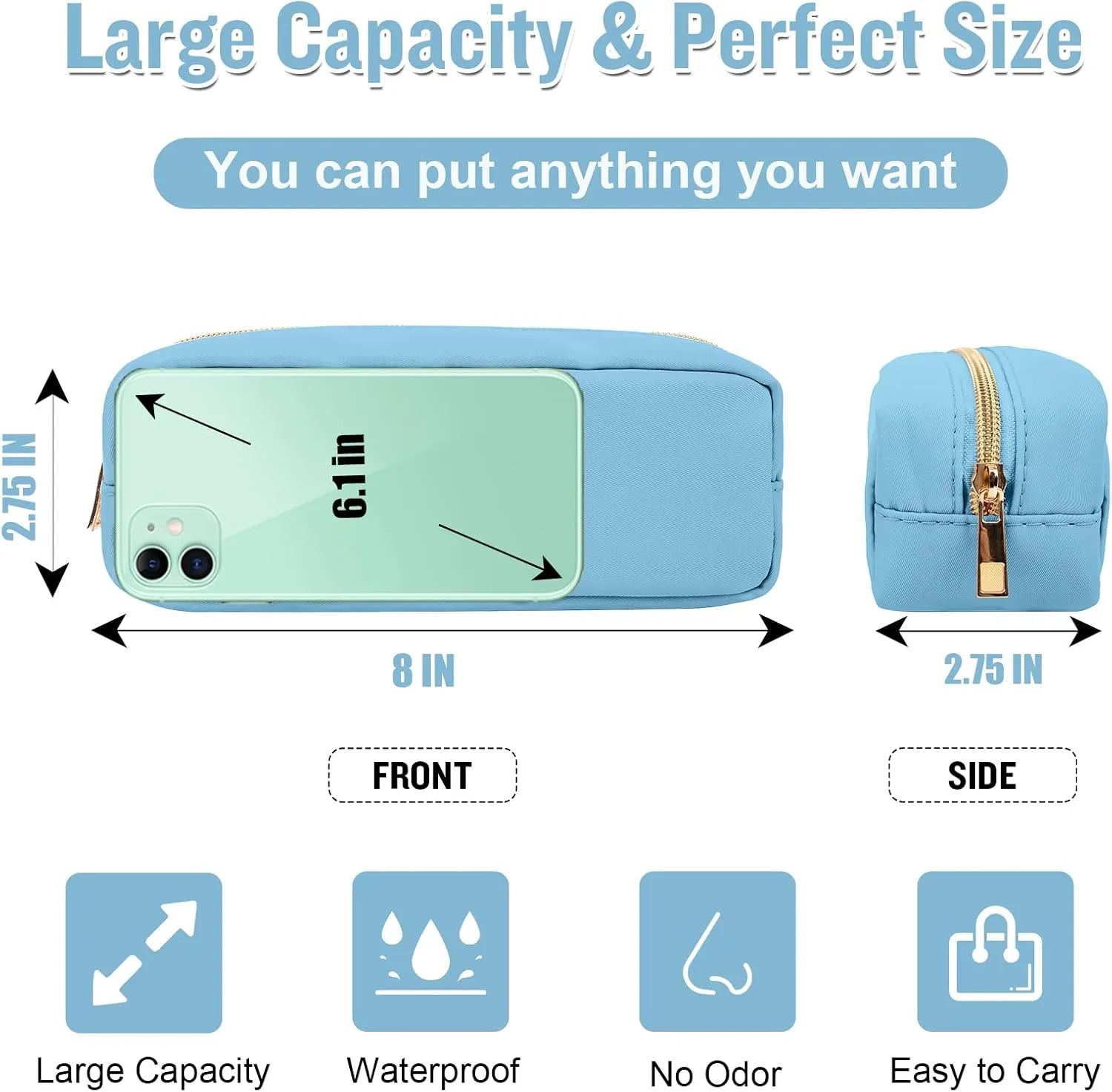 izuzta Nylon Small Makeup Bag Slim Pouch, Preppy Cute Makeup Brush Case Bag Cosmetic Zipper Pouch for Purse, Waterproof Travel Toiletry Bag Clutch Coin Pouch Make Up Organizer for Women Girls(Blue)