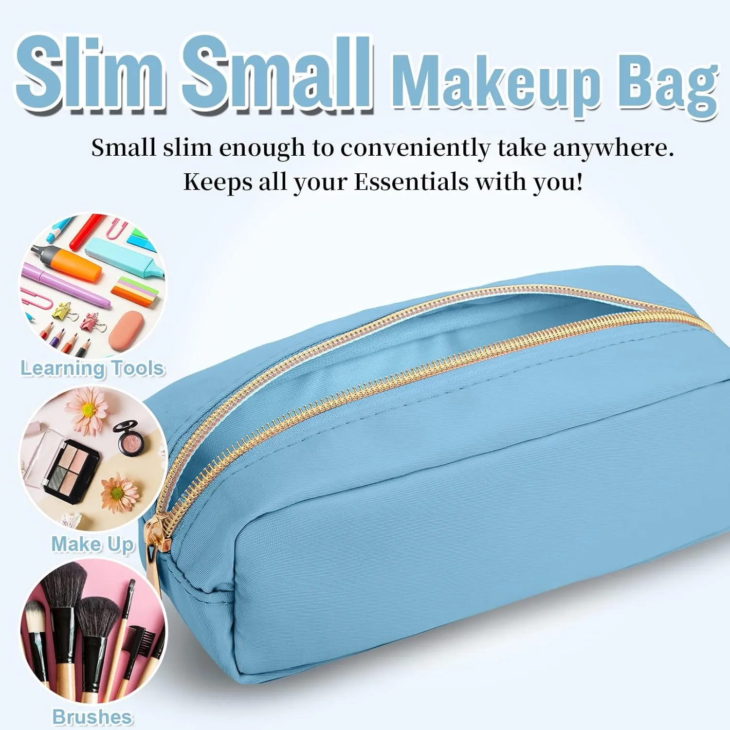 izuzta Nylon Small Makeup Bag Slim Pouch, Preppy Cute Makeup Brush Case Bag Cosmetic Zipper Pouch for Purse, Waterproof Travel Toiletry Bag Clutch Coin Pouch Make Up Organizer for Women Girls(Blue)