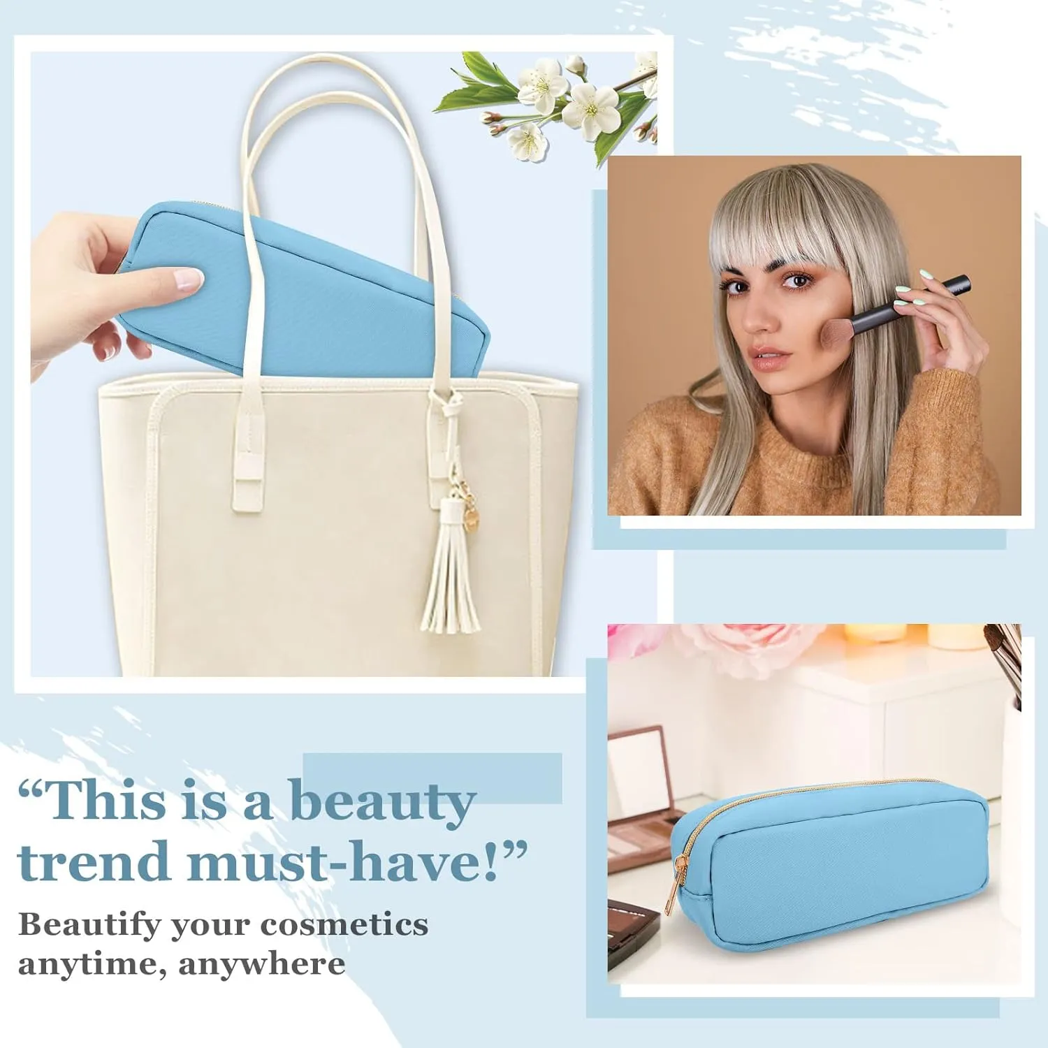 izuzta Nylon Small Makeup Bag Slim Pouch, Preppy Cute Makeup Brush Case Bag Cosmetic Zipper Pouch for Purse, Waterproof Travel Toiletry Bag Clutch Coin Pouch Make Up Organizer for Women Girls(Blue)