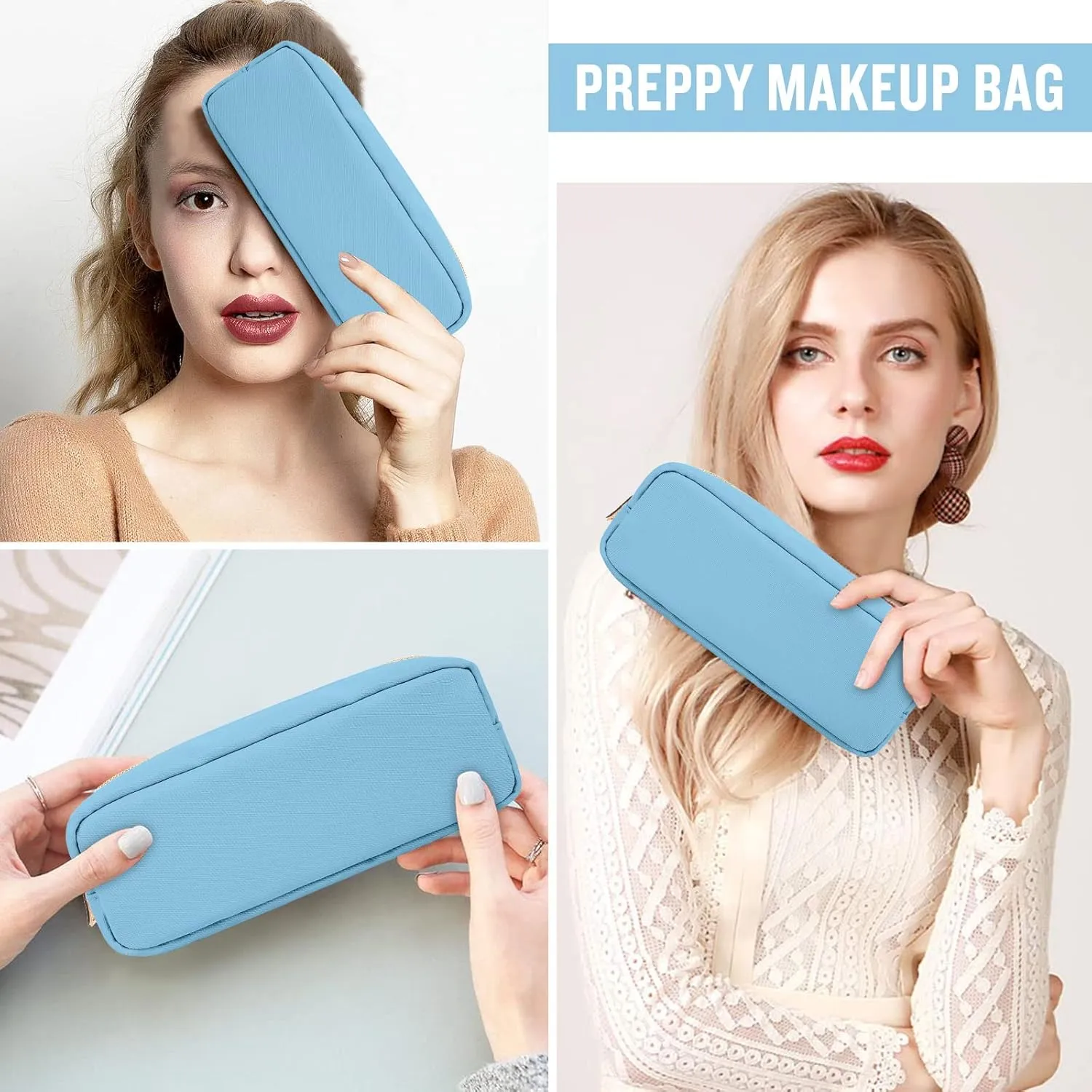 izuzta Nylon Small Makeup Bag Slim Pouch, Preppy Cute Makeup Brush Case Bag Cosmetic Zipper Pouch for Purse, Waterproof Travel Toiletry Bag Clutch Coin Pouch Make Up Organizer for Women Girls(Blue)