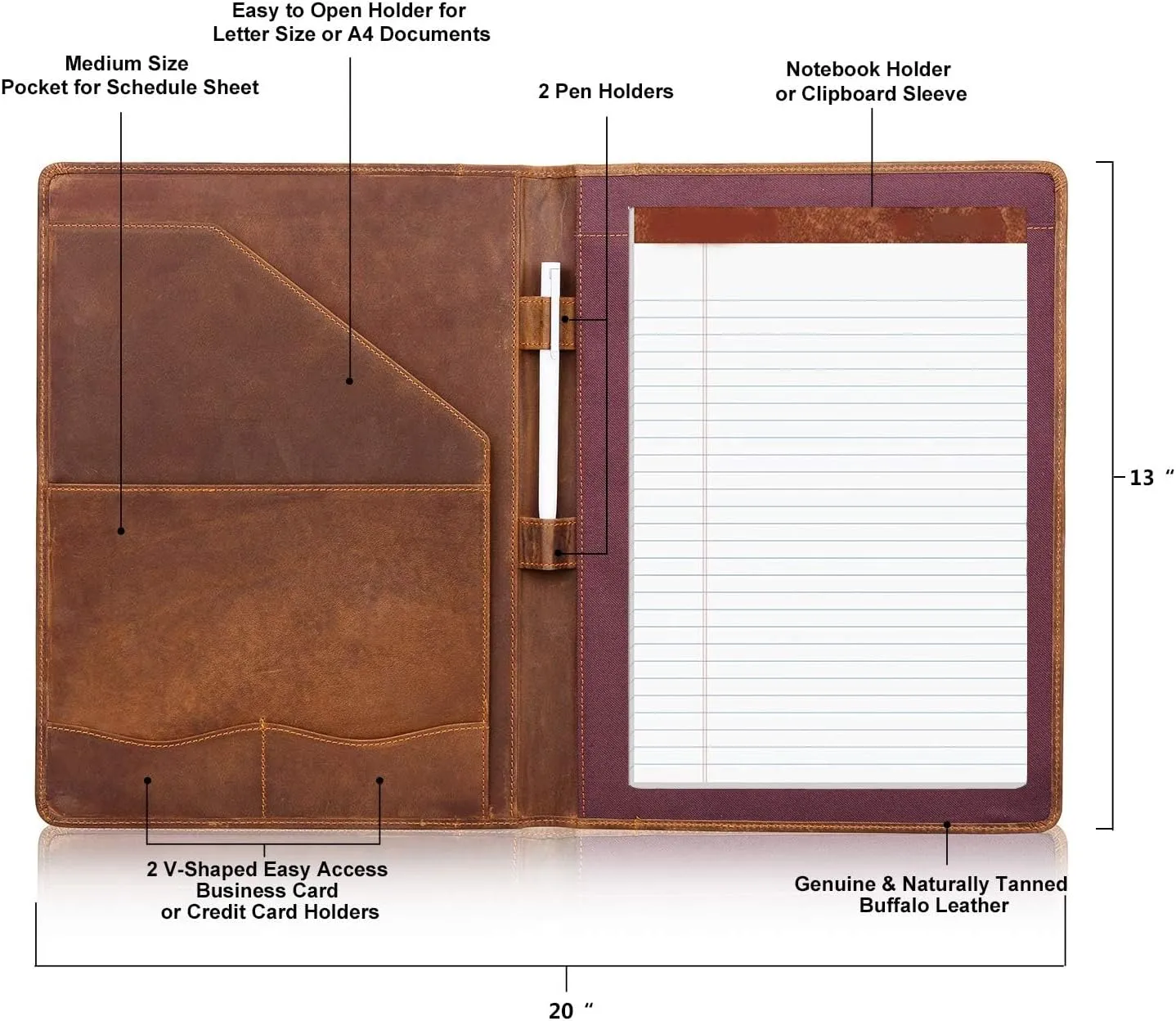 Jack&Chris Leather Portfolio, A4 Document Folder Legal Pad Padfolio, Professional Writing Letter Notepad Clipboard Sleeve Organizer, Resume Folio Binder for Men&Women,JC1823 (Russet Brown)