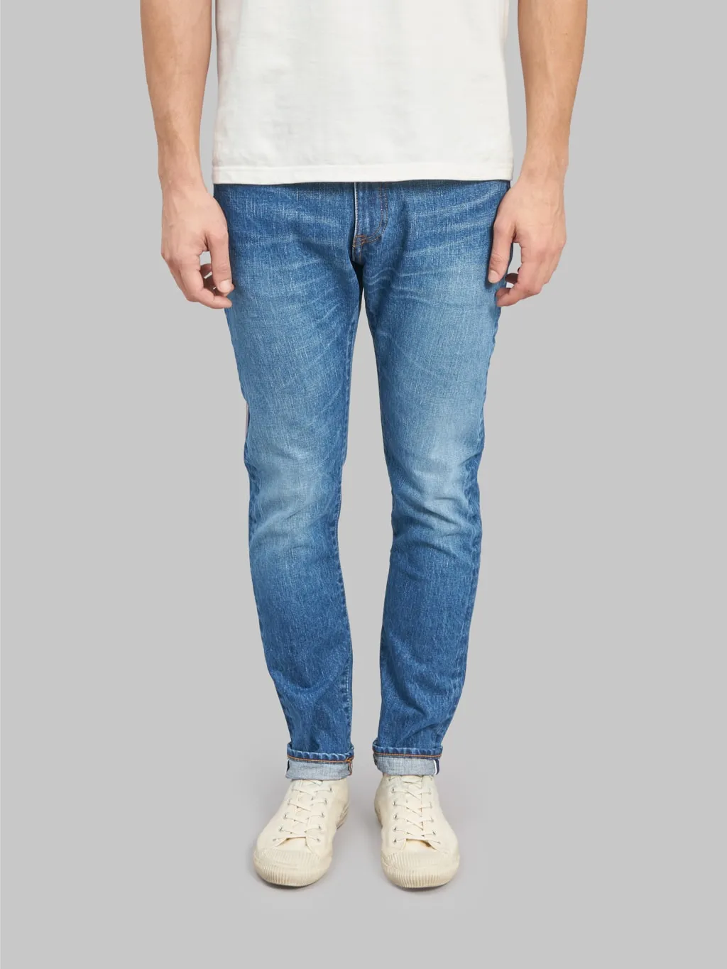 Japan Blue J201-MID 14.8oz US Cotton Stonewashed Tapered Jeans Middle Indigo