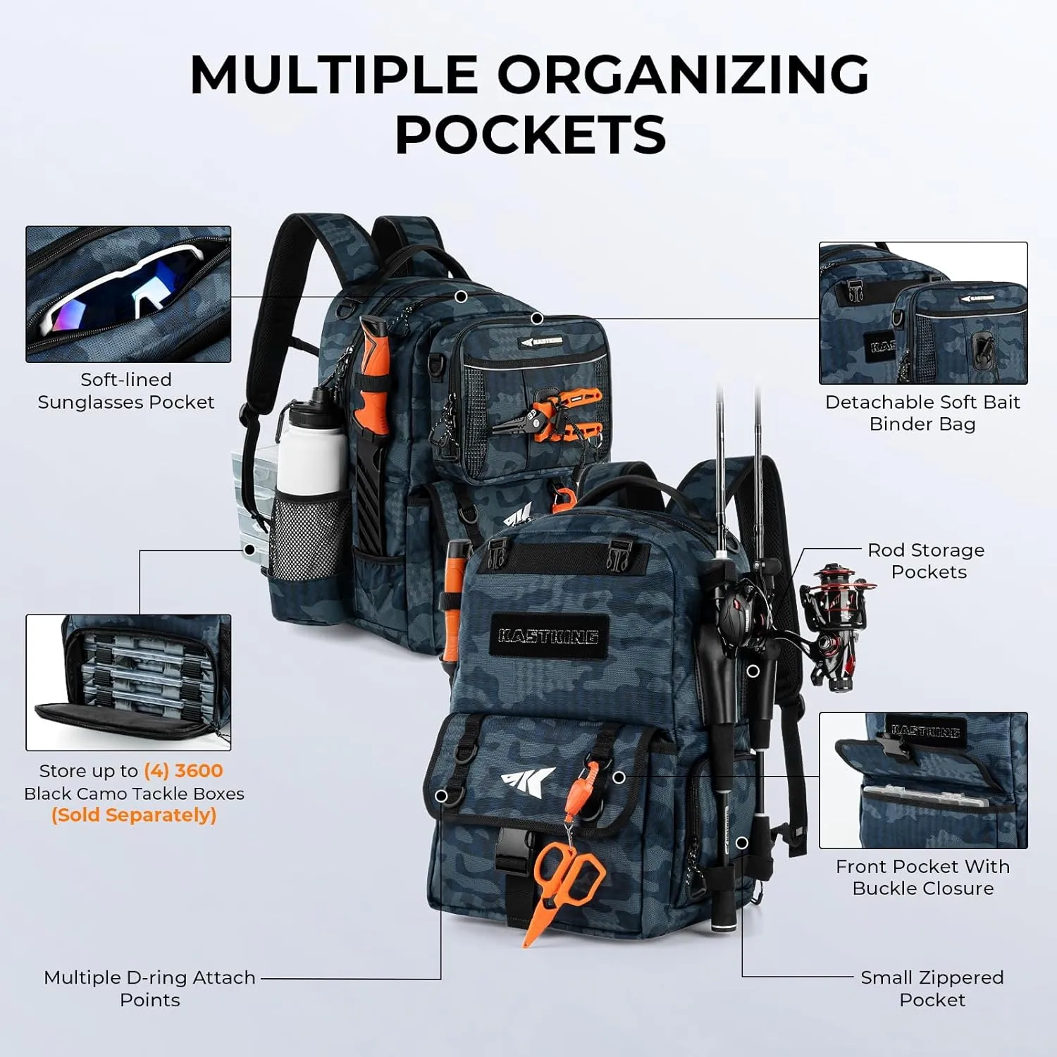 KastKing BaitSpace 50L Fishing Tackle Backpack with Removable Bait Binder & 4 Tackle Boxes, Rod Holders Storage Fishing Gear