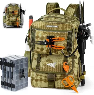 KastKing BaitSpace 50L Fishing Tackle Backpack with Removable Bait Binder & 4 Tackle Boxes, Rod Holders Storage Fishing Gear