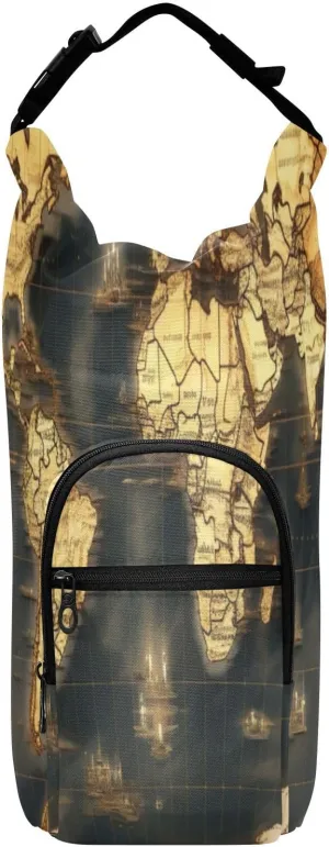 Kigai Vintage Map Water Bottle Holder with Strap, 20/24/32/40 oz Water Bottle Carrier Bag with Adjustable Shoulder Strap 2 Pocket for Hiking Travelling Camping