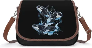 Killer Whale Orca Whale Family Jumps Messenger Bag for Women PU Leather Crossbody Bags Shoulder Handbags Purse
