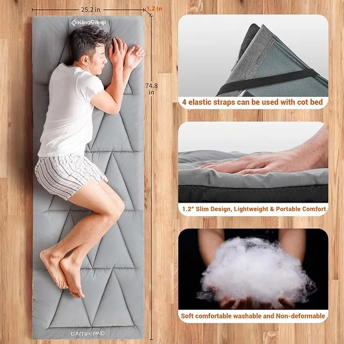 KingCamp Cot Pad for Camping, Soft Lightweight Sleeping Pad, Portable Non-Slip mat with Backpacking, for Yoga, Hiking, Traveling, 75"x 25"