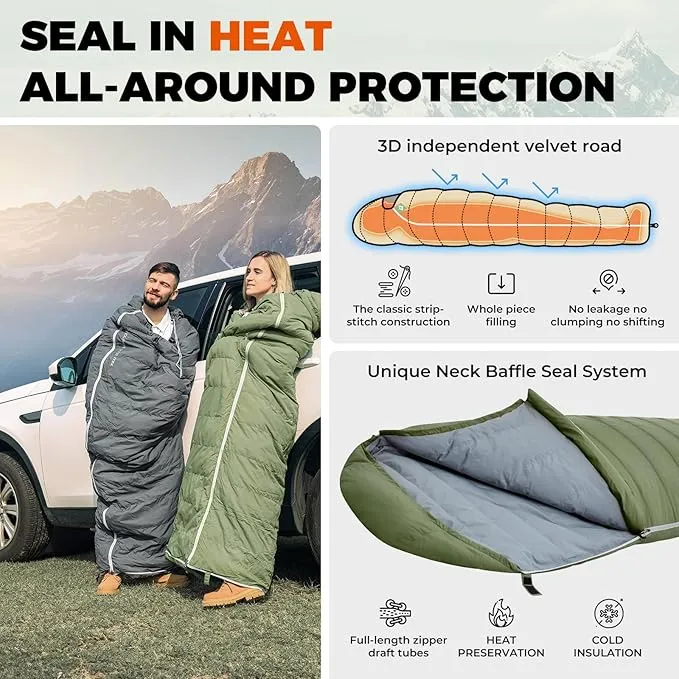 KingCamp Ultralight Down Sleeping Bag, 650 FP Compact Cold Weather 3-4 Season Sleeping Bag for Adults 10°F, Backpacking, Camping, Hiking, Traveling with Compression Sack