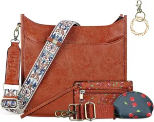 KITATU Vegan Leather Crossbody Bags for Women Hobo Shoulder Handbag with 2 Adjustable Guitar Straps 3Pcs Purse and Wallet Set