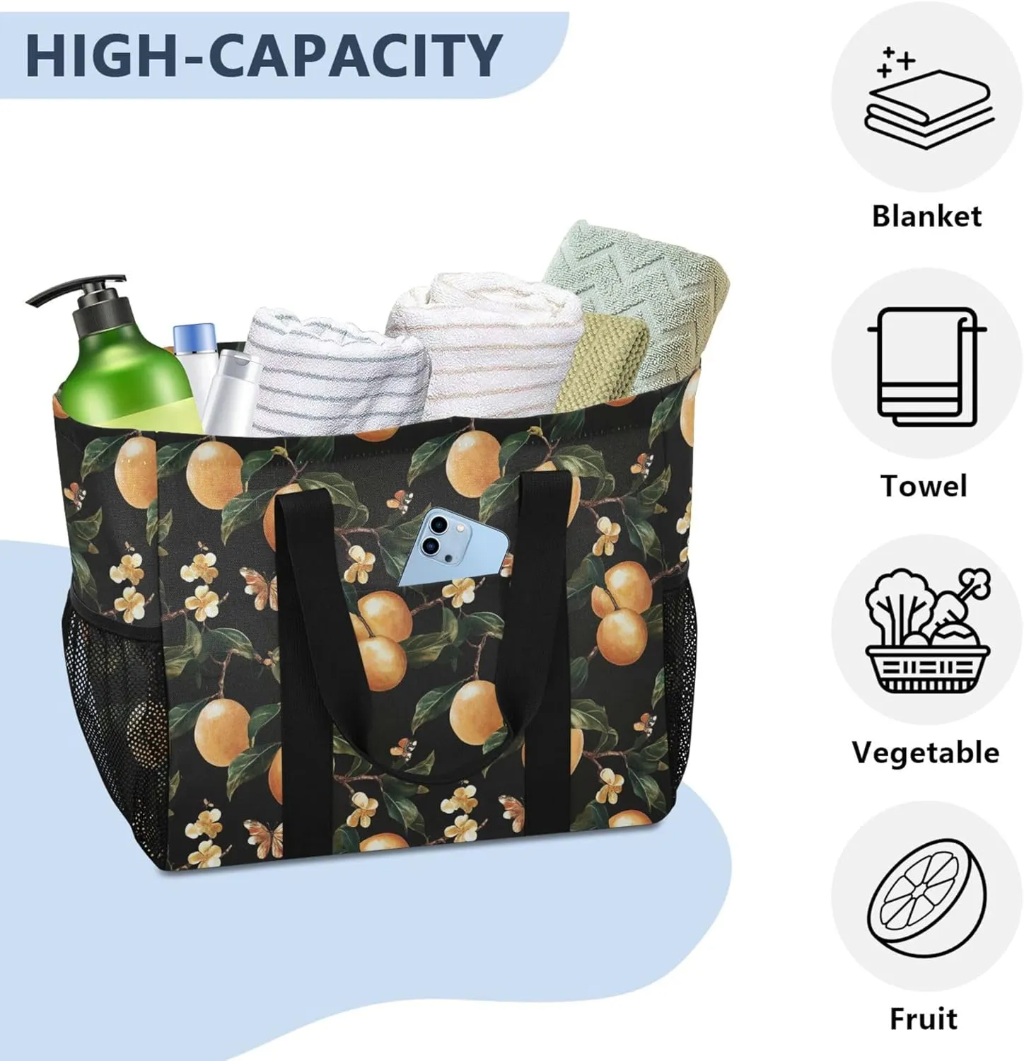 KLL Large Beach Bag Canvas Collapsable Water Resistant Reusable Grocery Bag