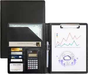 KMAKII Portfolio Folder with Calculator Faux Leather Padfolio with A4 Size Clipboard for Business Interview and Resume - Black