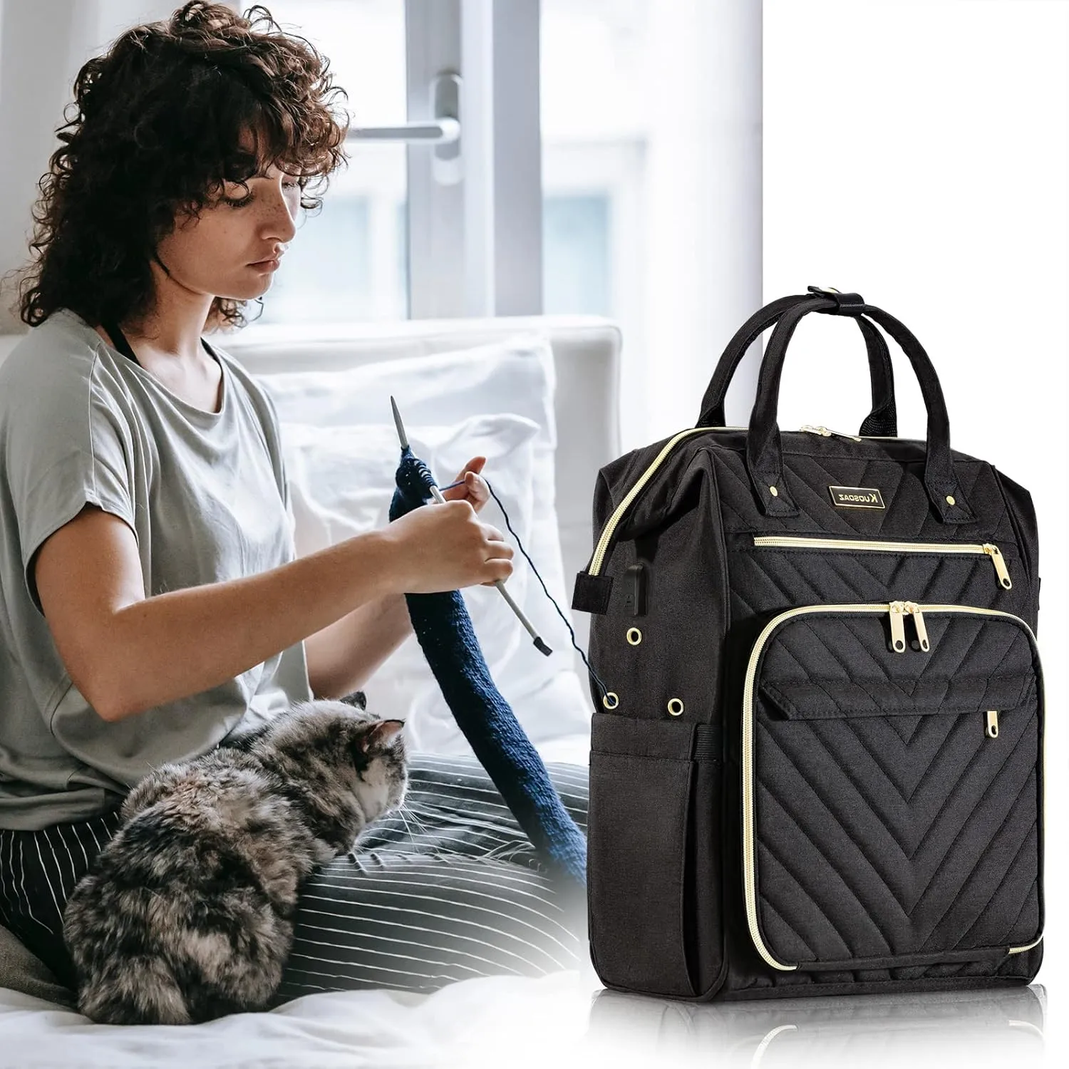 Knitting Bag Backpack, Yarn Organizer with USB Charging Port, Quilted Backpack for Women, Mothers Day Gifts Large Travel Crochet Bag Totes for Crochet Hooks, Knitting Needles, Yarn Supplies, Black