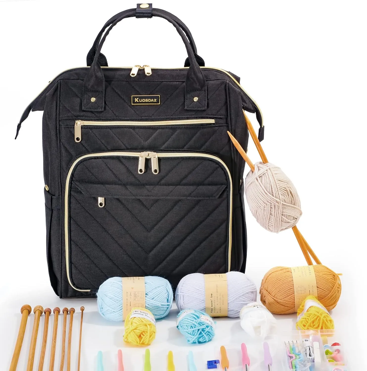 Knitting Bag Backpack, Yarn Organizer with USB Charging Port, Quilted Backpack for Women, Mothers Day Gifts Large Travel Crochet Bag Totes for Crochet Hooks, Knitting Needles, Yarn Supplies, Black
