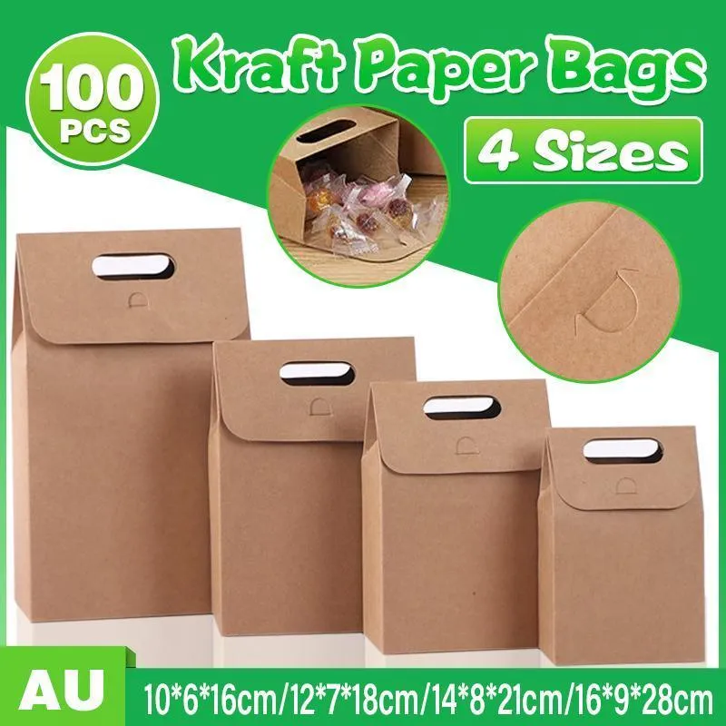 Kraft Paper Bags with Die Cut Handle 100PCS Kraft 4Sizes