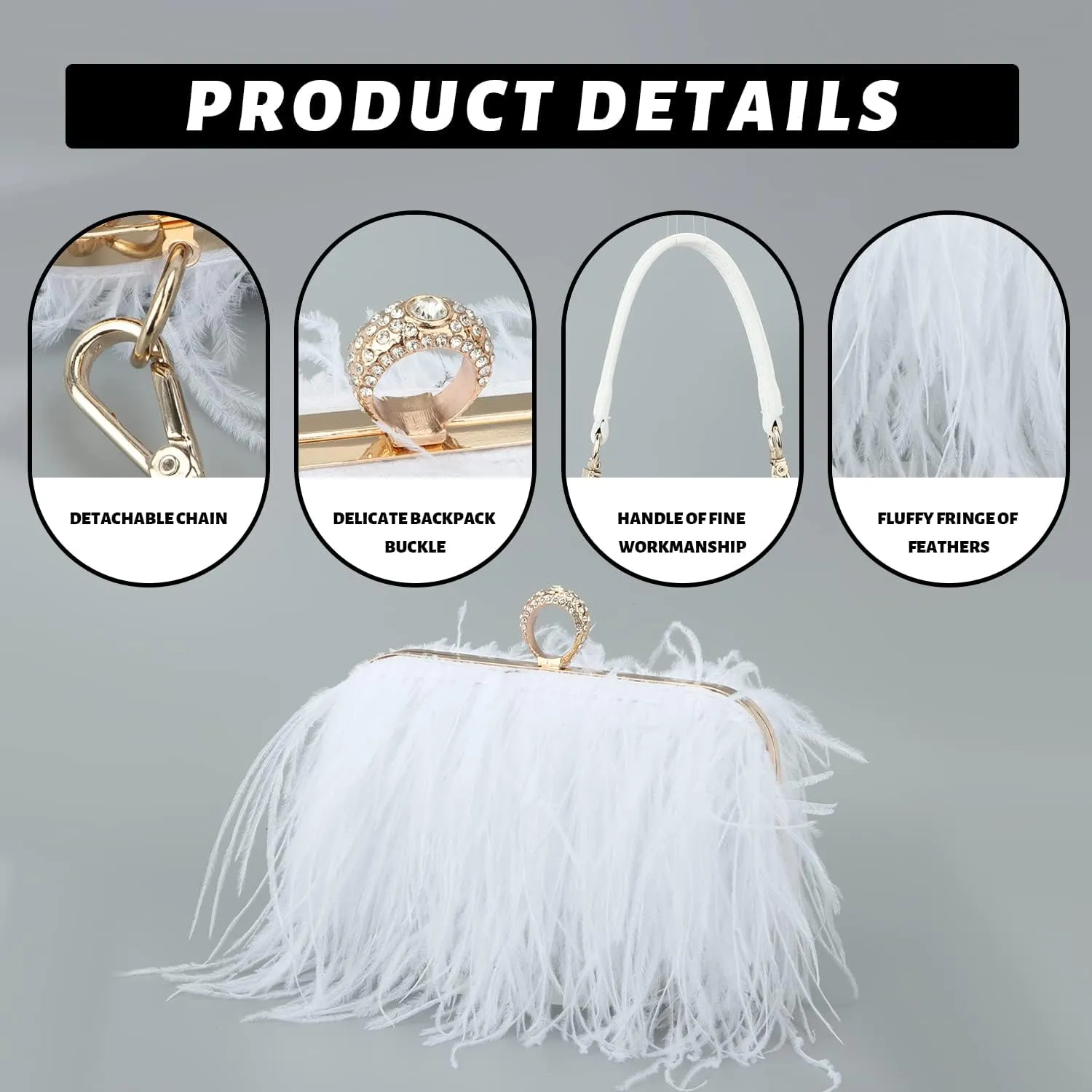 KUANG! Real Natural Ostrich Feather Clutch Evening Bag Fashion Handbag Purse for Banquet Party