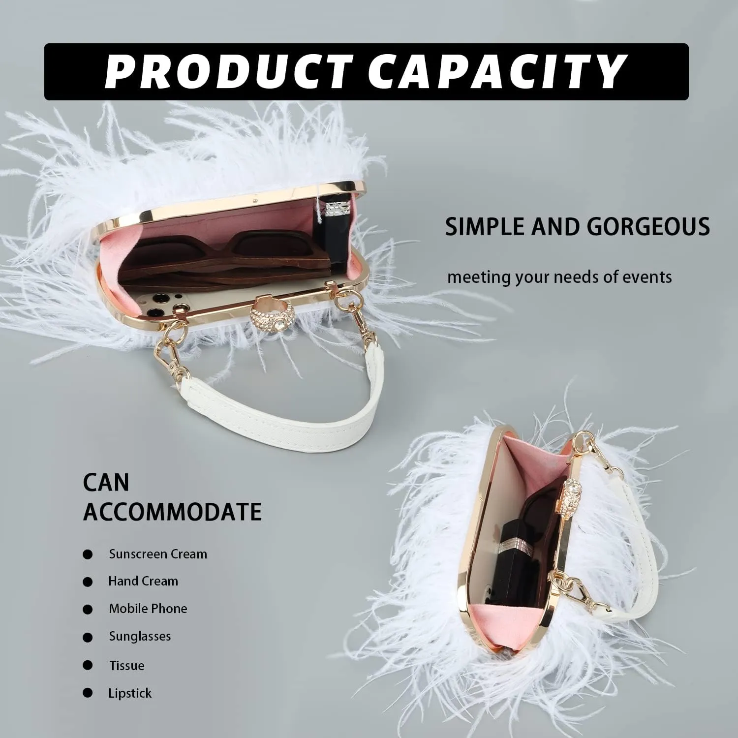 KUANG! Real Natural Ostrich Feather Clutch Evening Bag Fashion Handbag Purse for Banquet Party