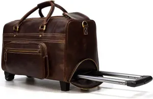 Laptop Mobile Office Spinner，Men's Leather Trolley Case, Retro Leather Travel Bag, Black Wheeled Tote, One Size