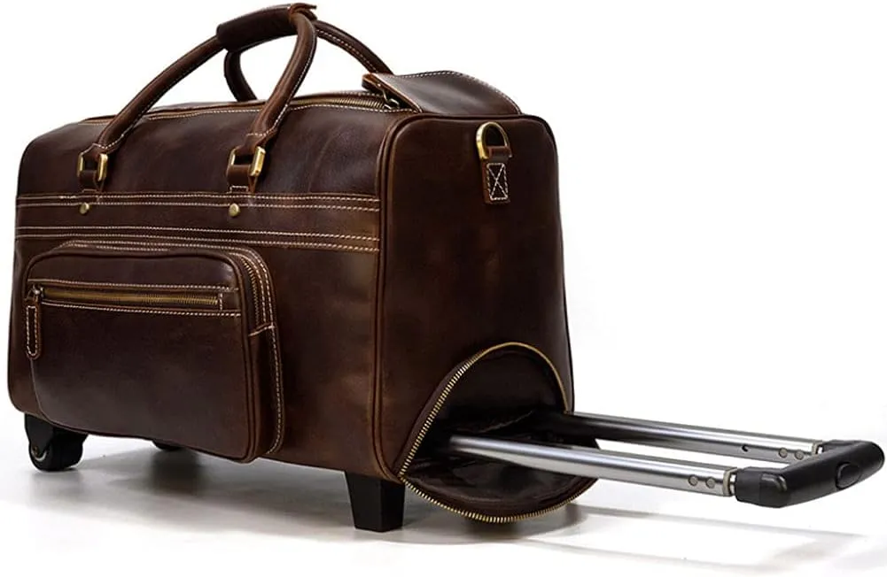 Laptop Mobile Office Spinner，Men's Leather Trolley Case, Retro Leather Travel Bag, Black Wheeled Tote, One Size