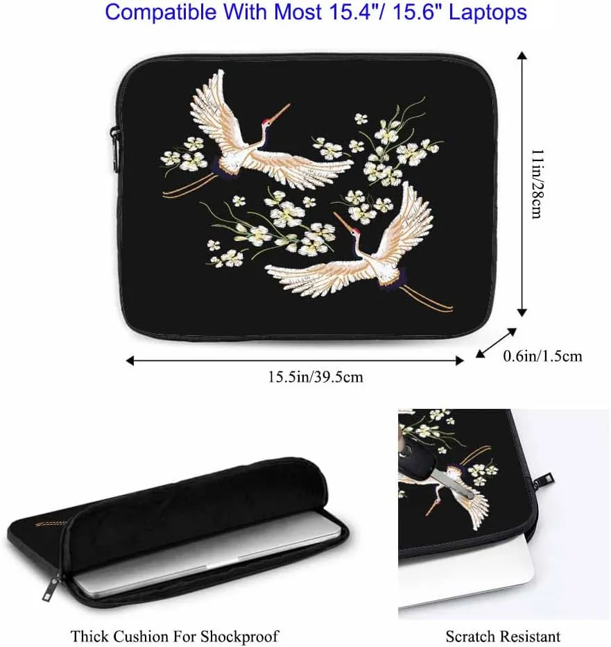 Laptop Sleeve Bag 15.4 15.6 Inch,White Cranes Cherry Flower Asian Birds Black Protective Polyester Computer Cases Laptop Cover Briefcase Bag Tablet Travel Cover