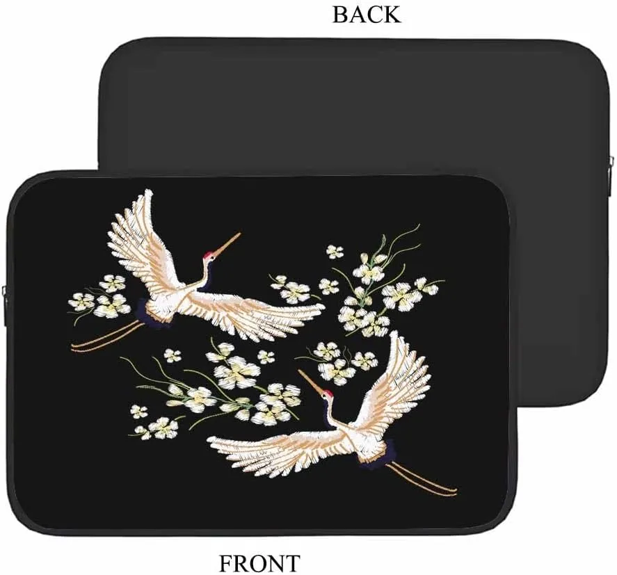 Laptop Sleeve Bag 15.4 15.6 Inch,White Cranes Cherry Flower Asian Birds Black Protective Polyester Computer Cases Laptop Cover Briefcase Bag Tablet Travel Cover
