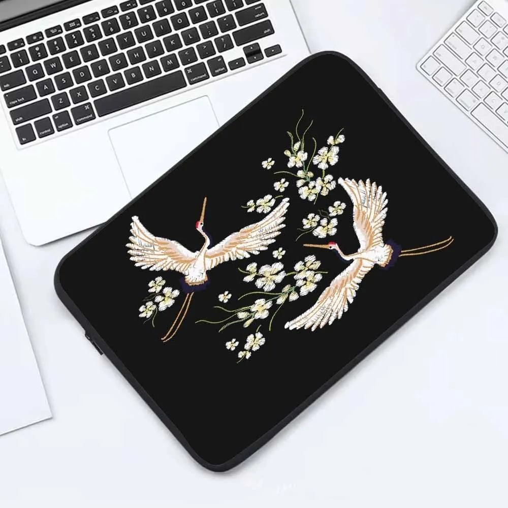 Laptop Sleeve Bag 15.4 15.6 Inch,White Cranes Cherry Flower Asian Birds Black Protective Polyester Computer Cases Laptop Cover Briefcase Bag Tablet Travel Cover