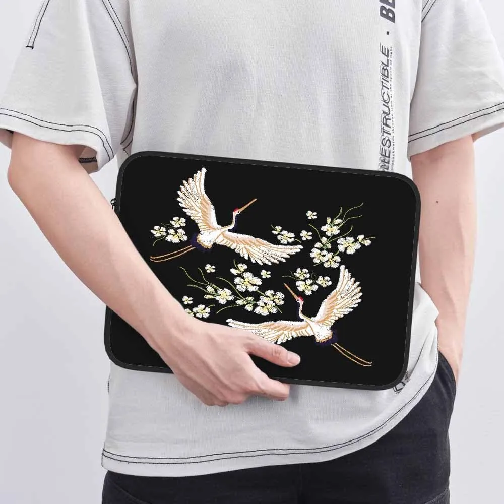 Laptop Sleeve Bag 15.4 15.6 Inch,White Cranes Cherry Flower Asian Birds Black Protective Polyester Computer Cases Laptop Cover Briefcase Bag Tablet Travel Cover