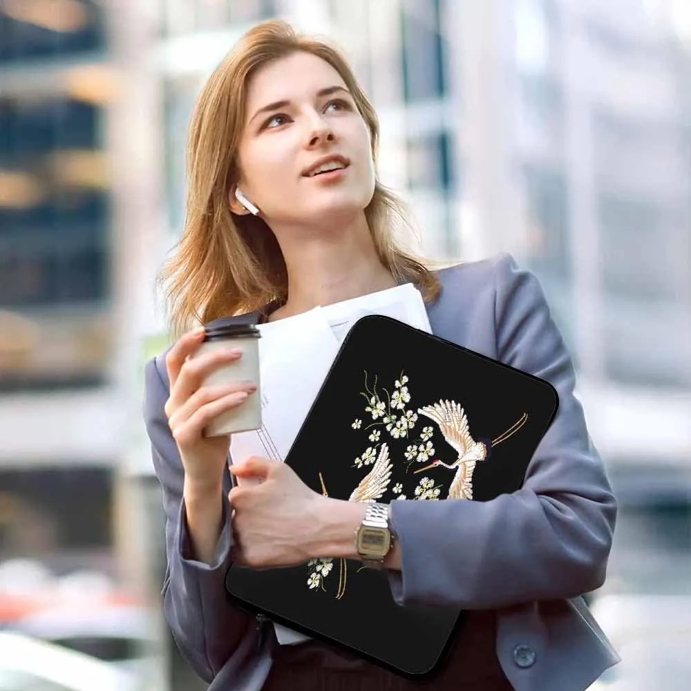 Laptop Sleeve Bag 15.4 15.6 Inch,White Cranes Cherry Flower Asian Birds Black Protective Polyester Computer Cases Laptop Cover Briefcase Bag Tablet Travel Cover