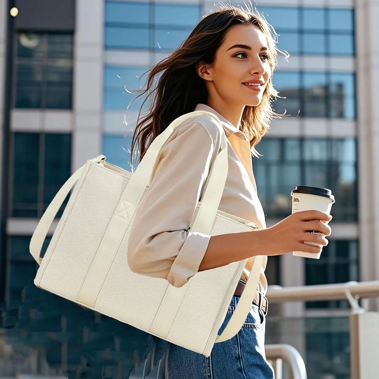 Laptop Tote Bag for Women Work 15.6 inch Canvas Shoulder Bags Computer Messenger Purse Teacher Handbag Office Briefcase