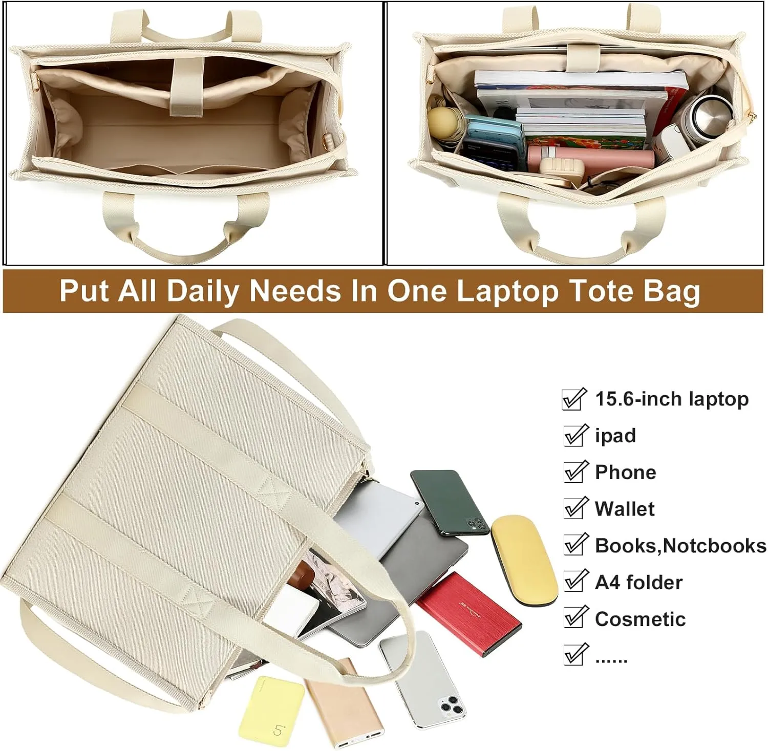 Laptop Tote Bag for Women Work 15.6 inch Canvas Shoulder Bags Computer Messenger Purse Teacher Handbag Office Briefcase