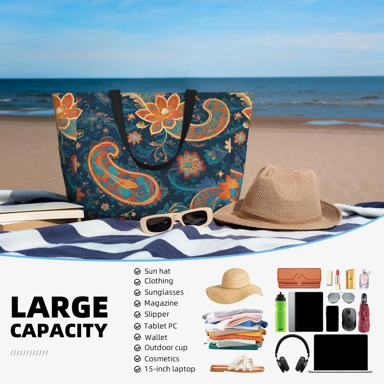 Large Beach Bag Waterproof Beach Totes Bags for Women Men, Pool Bag with Zipper Pocket