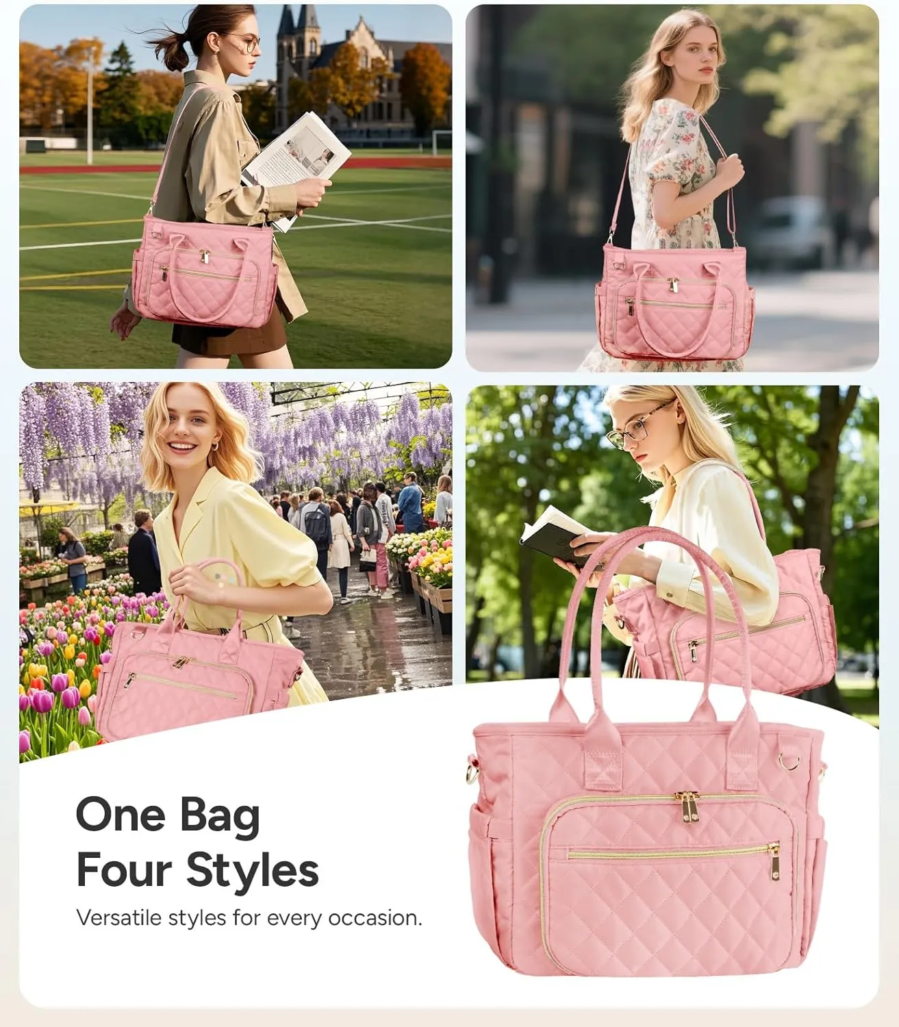 Large Bible Bag with Bible Cover Case for Women, Church Bag with shoulder strap, Quilted Book Cover for Bible Study Supplies, a Christian Gift for Women, Blush Pink