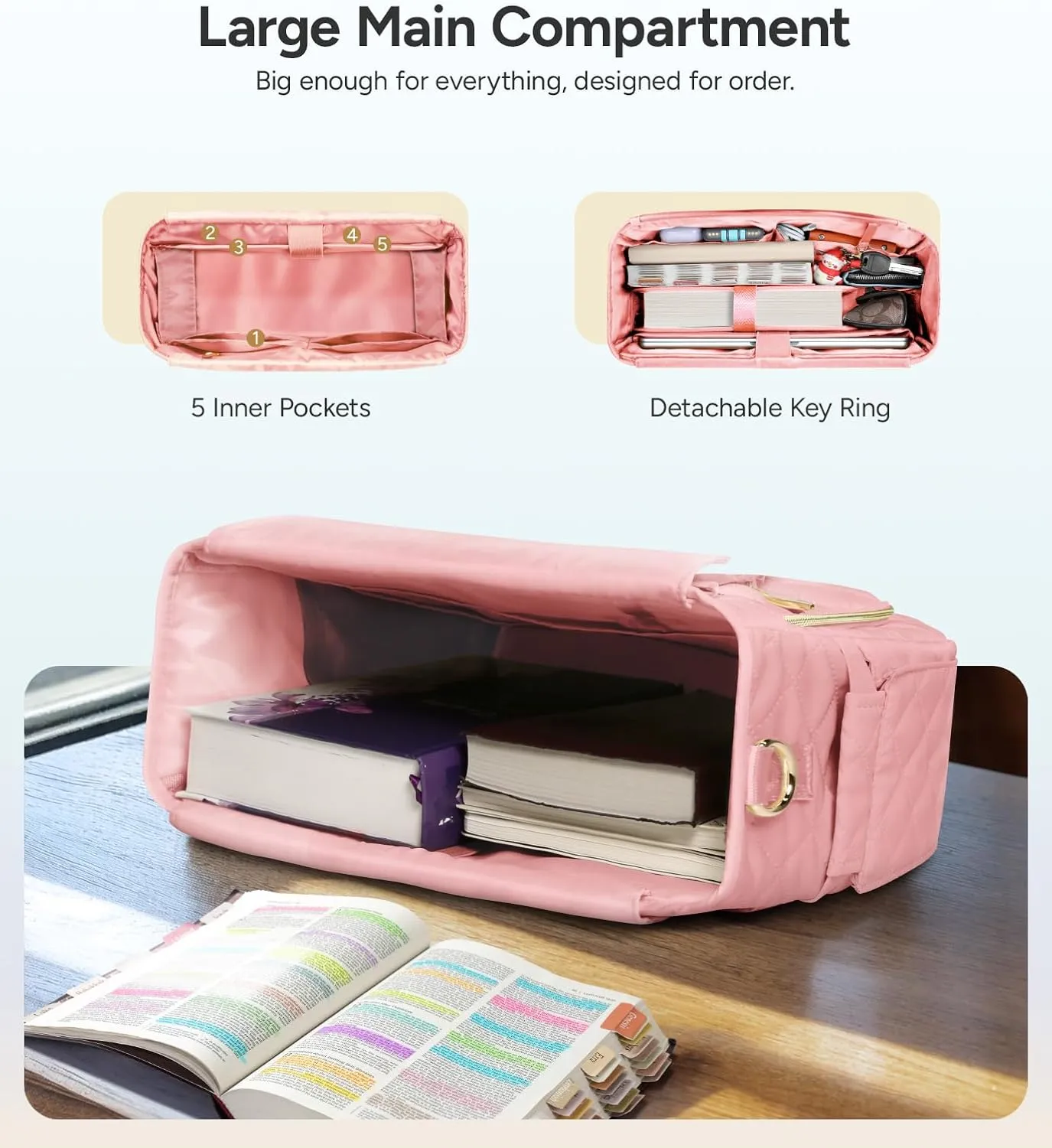 Large Bible Bag with Bible Cover Case for Women, Church Bag with shoulder strap, Quilted Book Cover for Bible Study Supplies, a Christian Gift for Women, Blush Pink