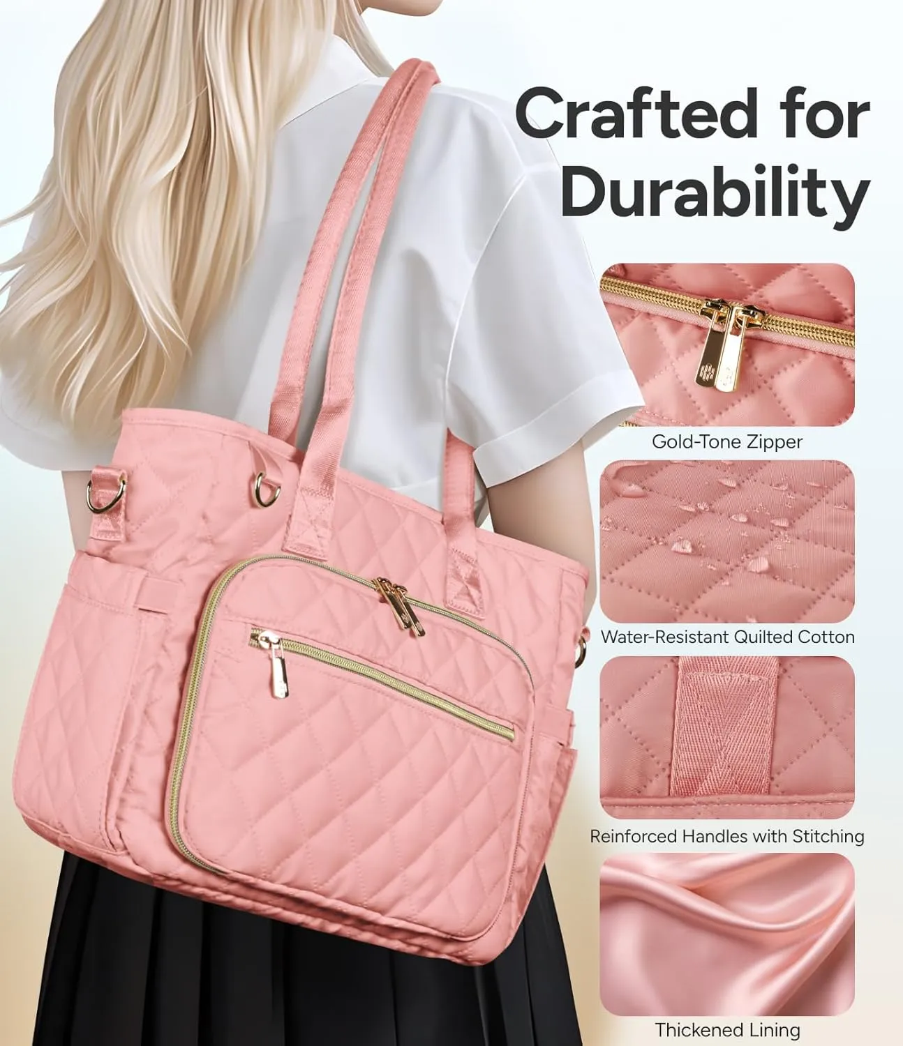 Large Bible Bag with Bible Cover Case for Women, Church Bag with shoulder strap, Quilted Book Cover for Bible Study Supplies, a Christian Gift for Women, Blush Pink