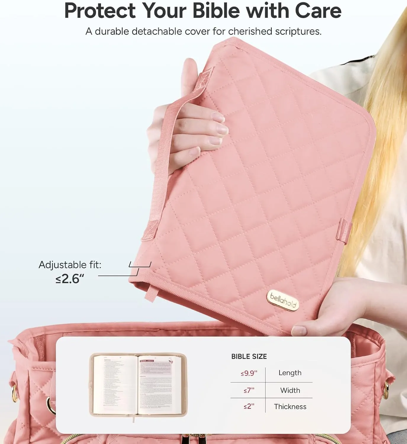 Large Bible Bag with Bible Cover Case for Women, Church Bag with shoulder strap, Quilted Book Cover for Bible Study Supplies, a Christian Gift for Women, Blush Pink
