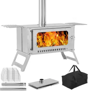 Large Camping Wood Stove, Portable Hot Tent Stove with 5 chimney pipes & 3 grill shelves & 1 Carrying Bag, Stainless Steel Wood Burning Stove for BBQ, Heating, Boiling water, Cooking