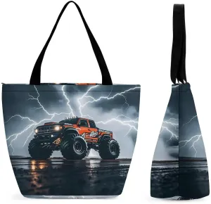 Large Capacity Tote Bag with Zipper Monster Truck Black Sky Lightning Roar Women Handbag with Handles Ladies Shoulder Bag with Compartments Beach Bag Shopping Bags for Travel Work