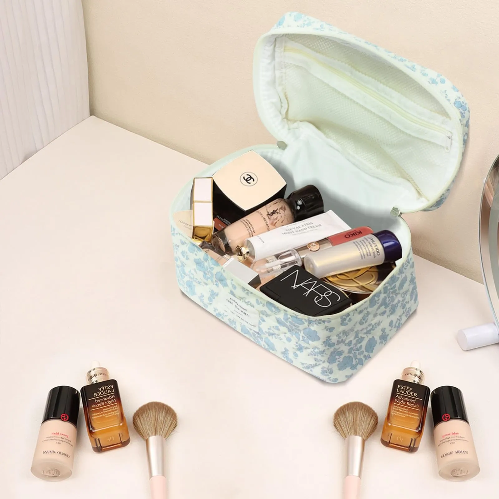 Large Makeup Bag, Cute Cosmetic Bag for Women Girls, Floral Coquette Aesthetic Toiletry Bag, Travel Make Up Organizer Bag (Purple Flower)
