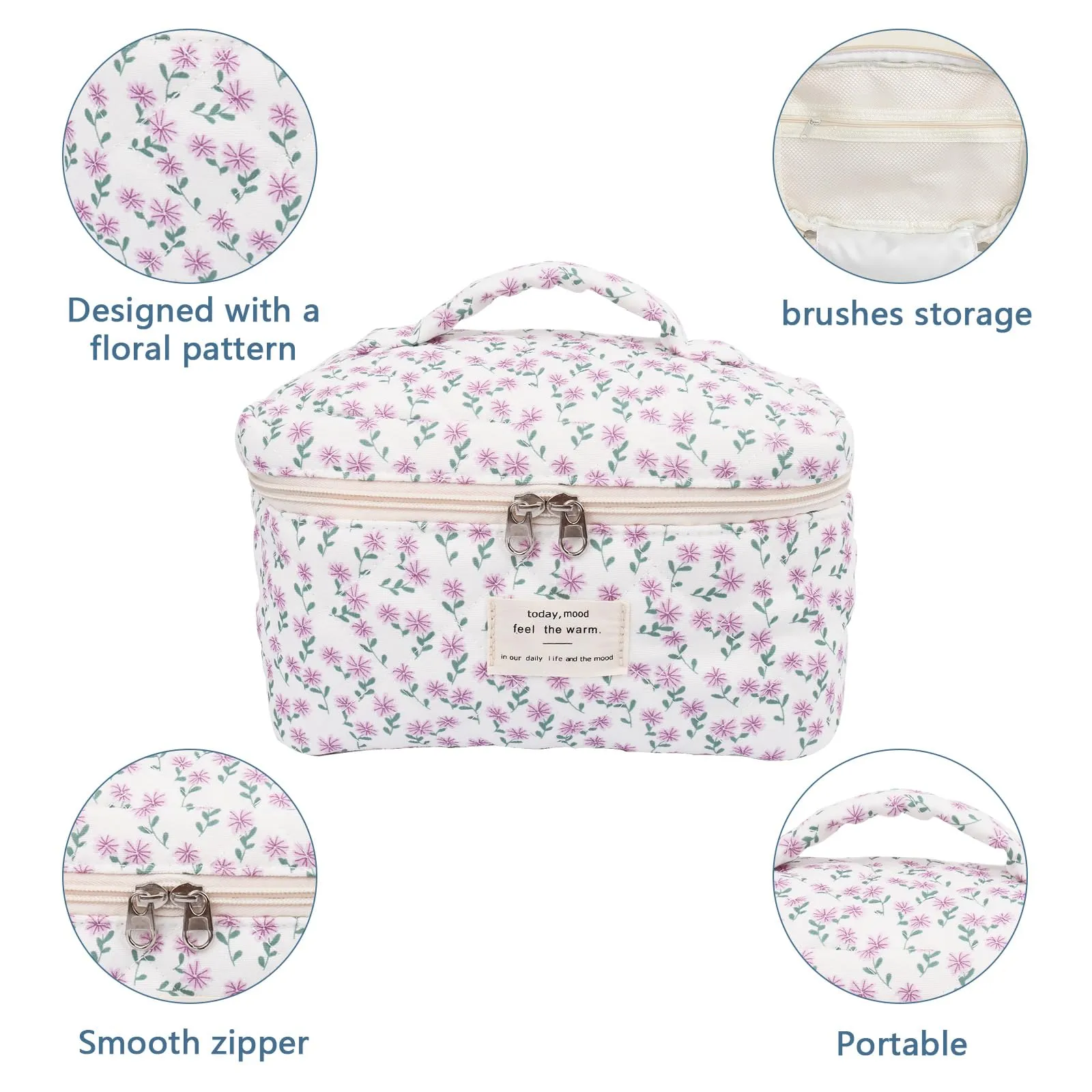 Large Makeup Bag, Cute Cosmetic Bag for Women Girls, Floral Coquette Aesthetic Toiletry Bag, Travel Make Up Organizer Bag (Purple Flower)