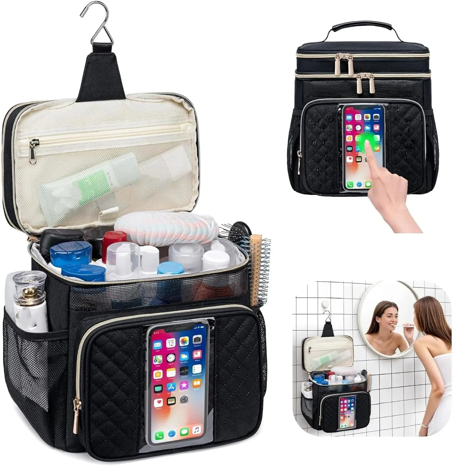Large Toiletry Bag for Women Men, Waterproof Portable Shower Caddy for College Dorm,Bathroom Bag,Quick Dry Shower Bag Hanging Toiletry Bags For Traveling Gym Camping Travel (Pink)