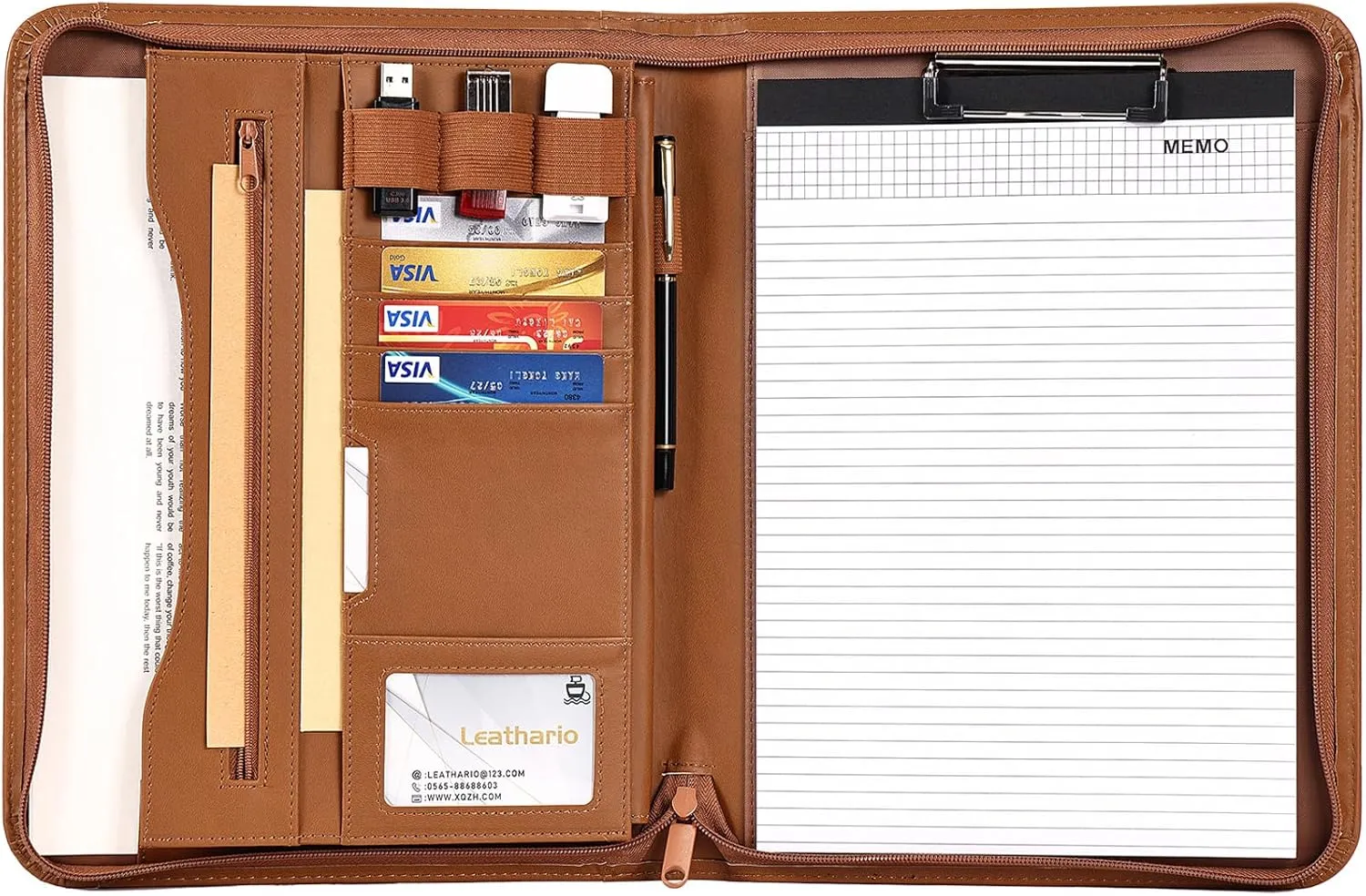 Leathario Portfolio Binder, A4 Padfolio Office Organizer, Business Folder Accessories with Zipper, Superior Vegan Leather, 9.7 Inch Tablet Sleeve, Writing Pad Document for Men Women, Card Storage